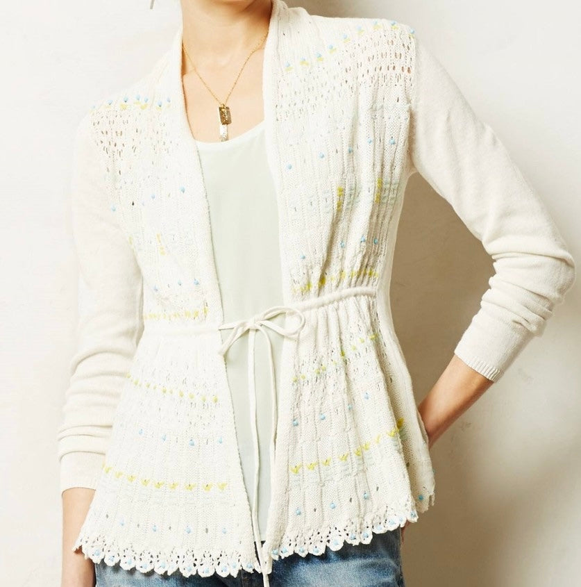 Anthropologie Moth Cream Embroidered Cardigan - Medium