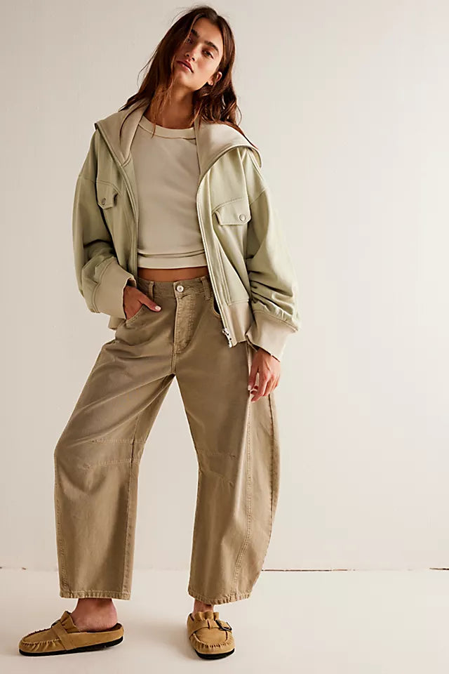 Free People Good Luck Mid Rise Barrel Leg Jeans in Khaki Taupe - 32