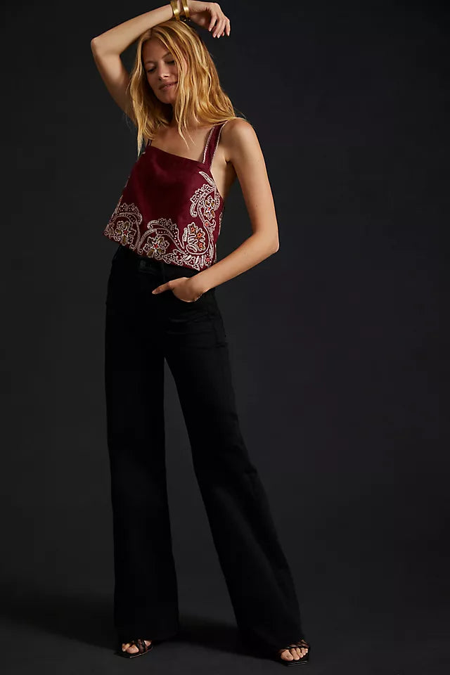 Anthropologie Maroon Embroidered Open Back Tank - XXS