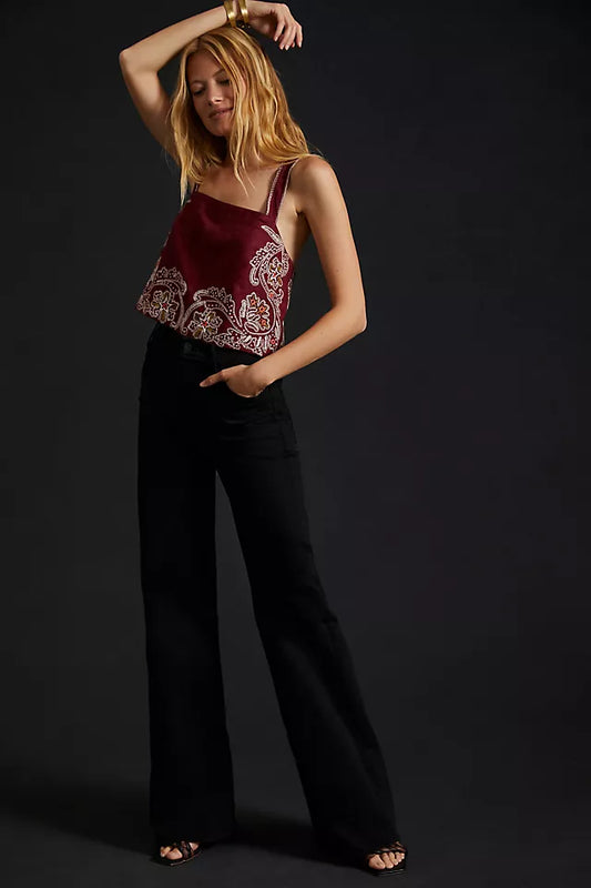 Anthropologie Maroon Embroidered Open Back Tank - XXS