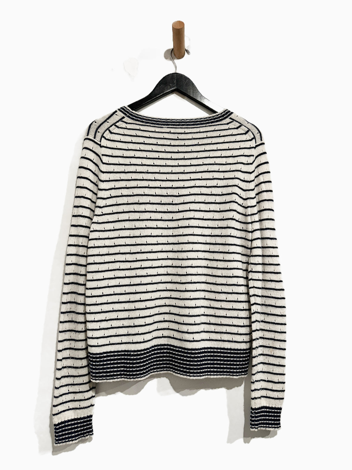 J.Crew White & Navy Stripe Pointelle Crewneck Sweater - Large