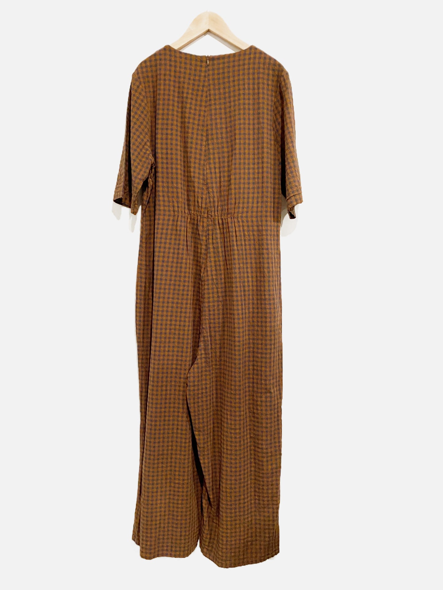 Roolee Mom Nursing Brown and Blue Gingham Jumpsuit - Large
