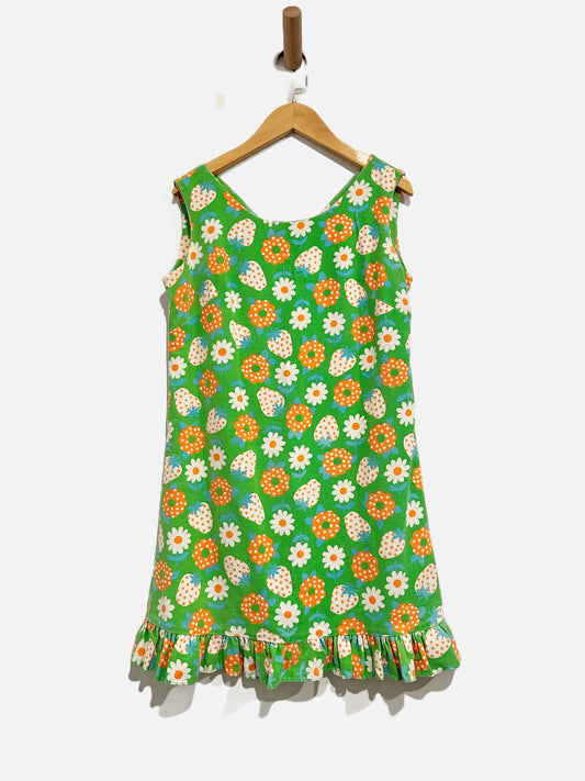 $$ Vintage NN Green Strawberry Floral Sheath Dress Ruffle Hem - S/M