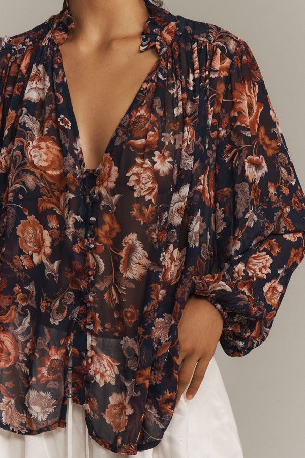 Anthropologie Navy and Red Floral Long Sleeve Blouse - Small
