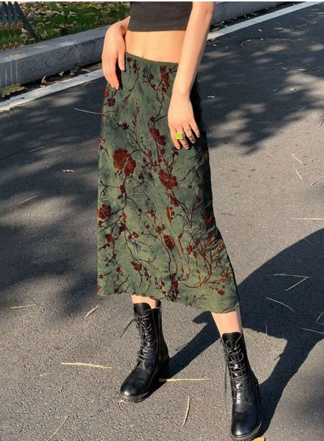 Green Tie Dye Brown Floral Velvet Midi Skirt - Medium