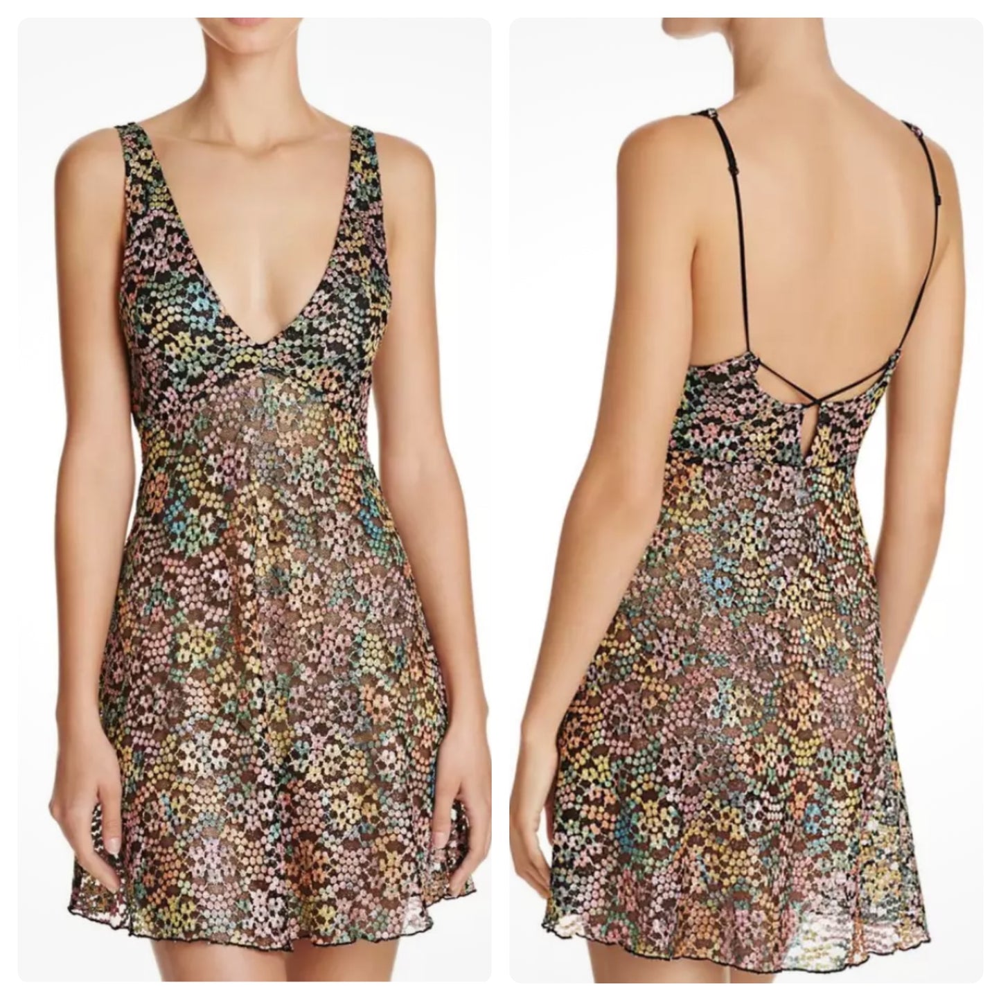 Free People Intimately Forget Me Knot Black Floral Mini Slip Dress - XS