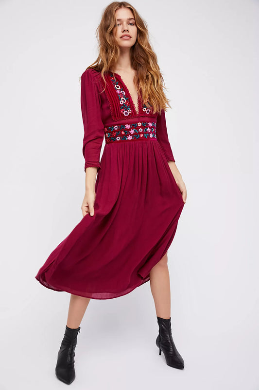 Free People Red Embroidered Midi Dress - Small