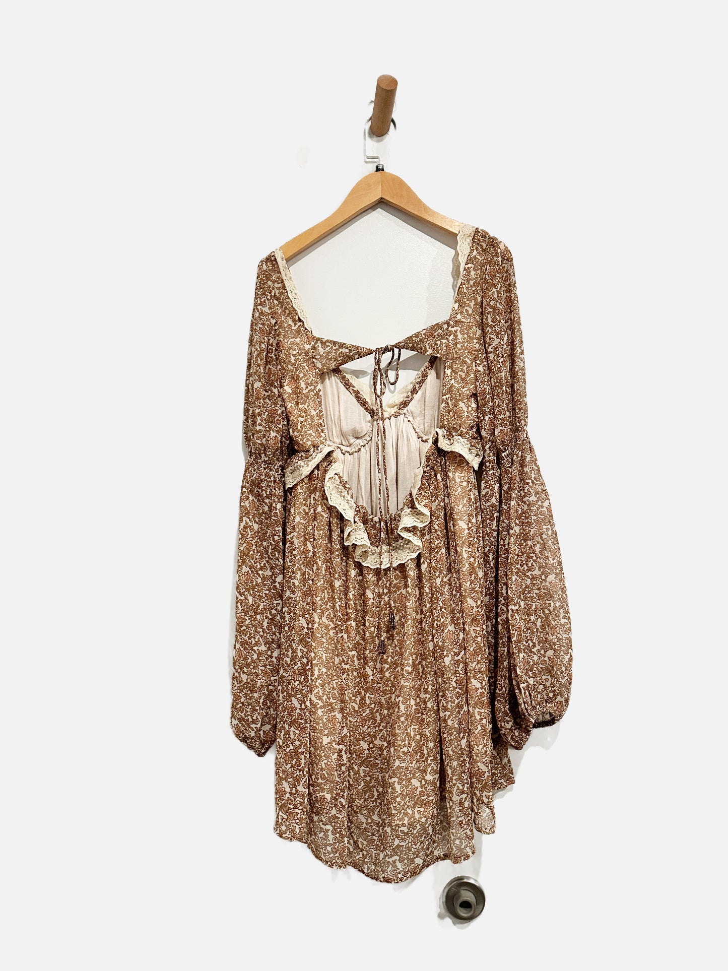 Free People NWT Pennie Brown Floral Lace Trim Dress - XS