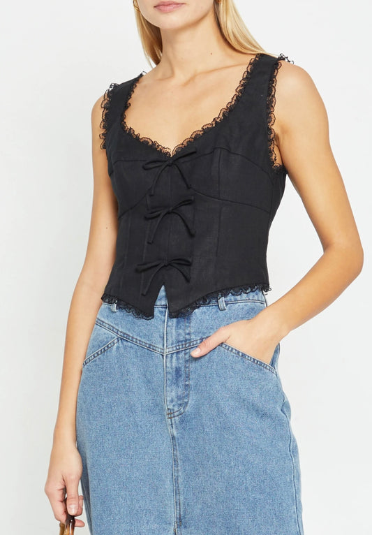 Kourt Black Tie Front Lace Trim Tank - 4