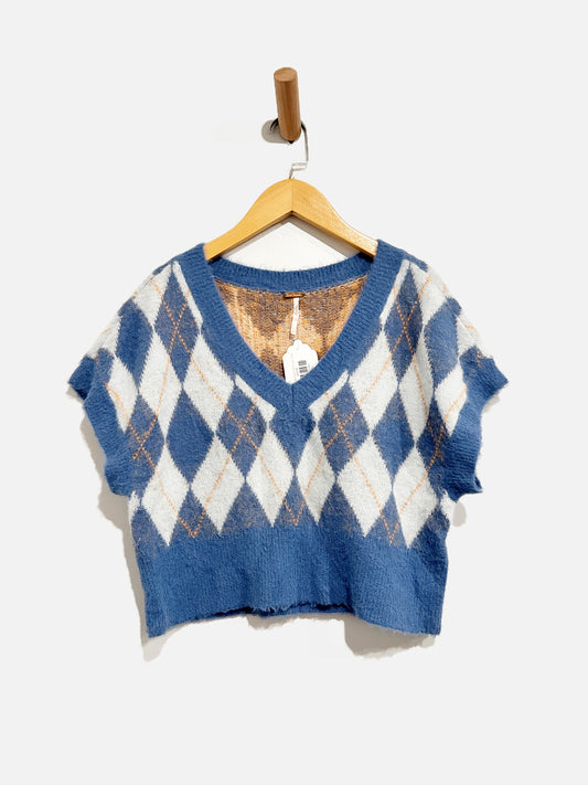 Free People Blue Argyle Eyelash Vest - Small