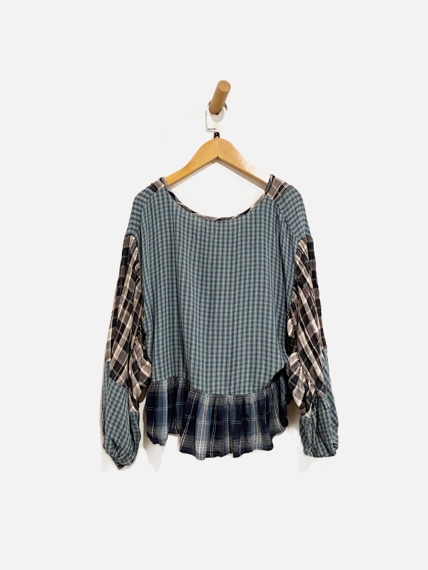 American Eagle Blue Plaid Ruffle Blouse - Large