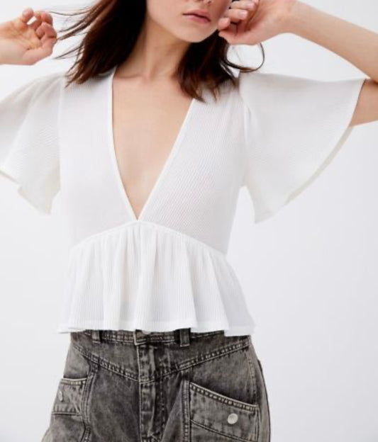 Urban Outfitters Rory Ribbed Plunging Babydoll Top- Medium