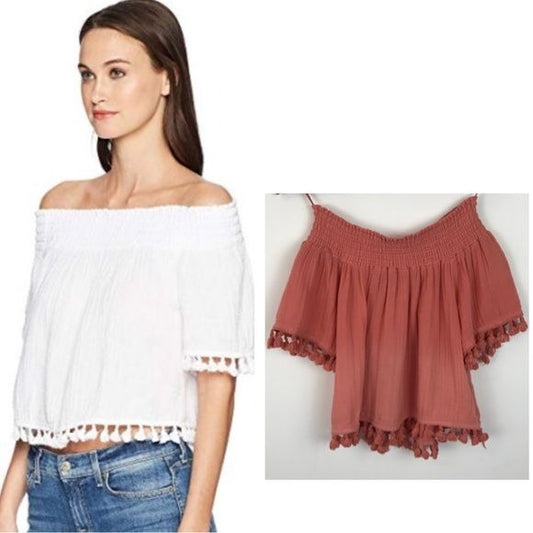 Michael Stars Tassel Trim Smocked Top in Crushed Coral Size Small