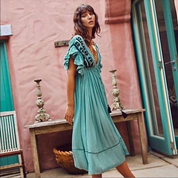 Free People Bali Will Wait For You Embroidered Midi Dress Size XS