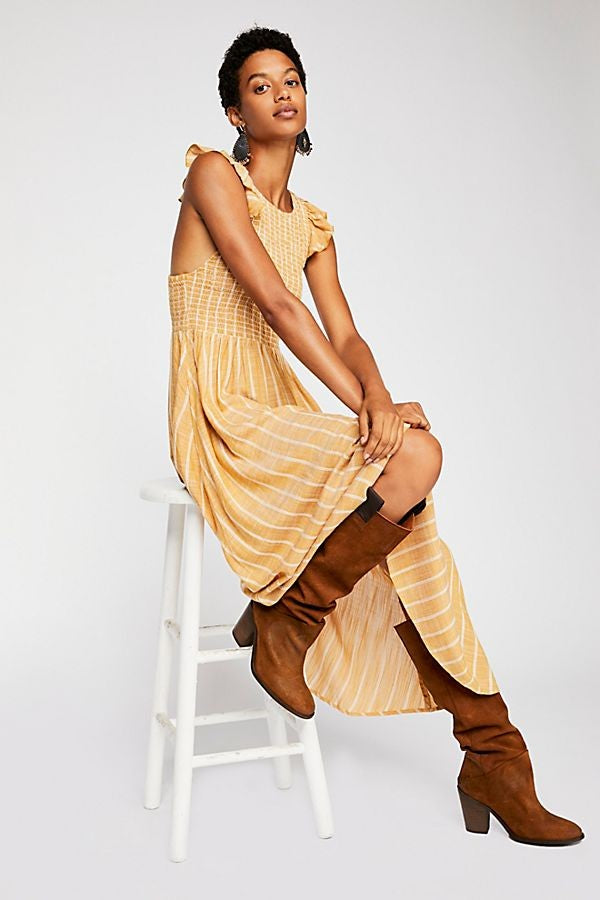 Free People Chambray Butterflies Yellow Striped Midi Dress - Medium