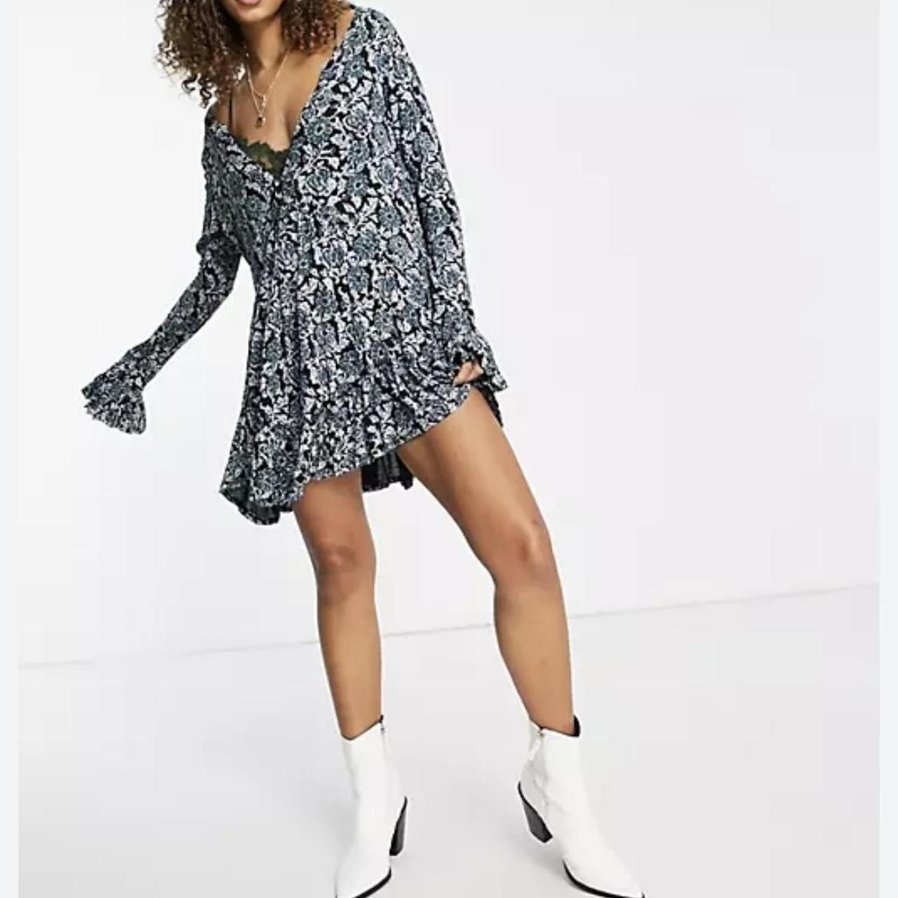 Free People Black and Green Floral Mini Dress - Small