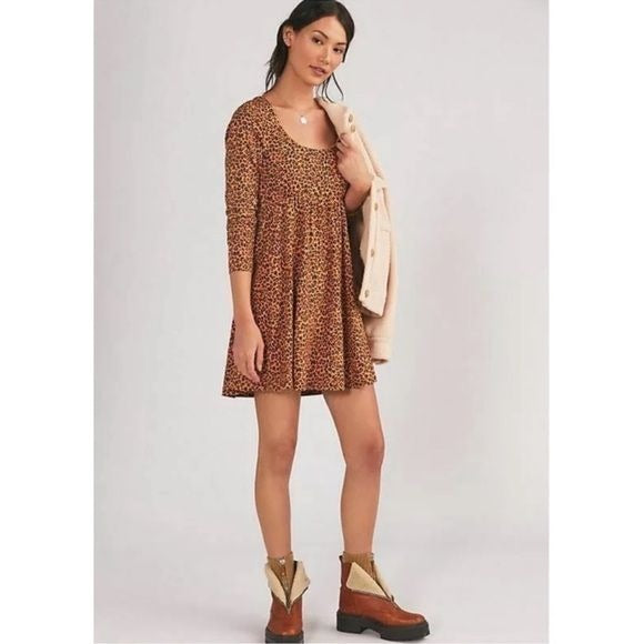 Anthropologie Daily Practice Square Neck Leopard Print Mini Dress Size Small