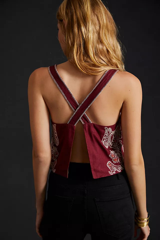 Anthropologie Maroon Embroidered Open Back Tank - XXS