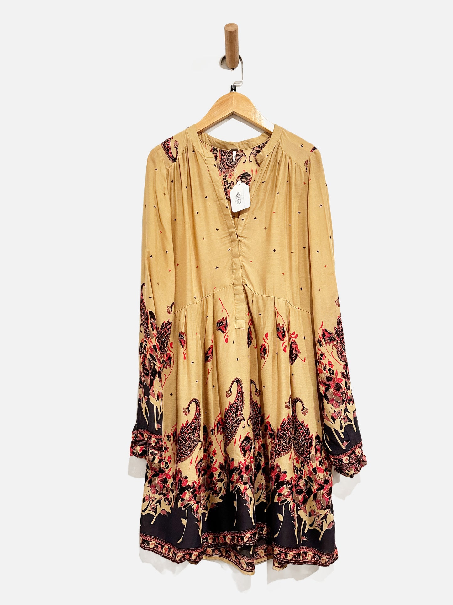 Free People Sierra Valley Tan & Pink Paisley Dress - Small