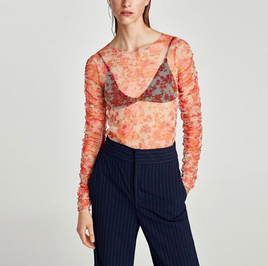 Zara Orange Floral Mesh LS Top - Large