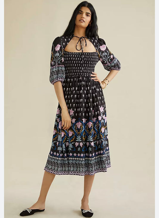 Anthropologie Dasha Black Floral Smocked Maxi Dress - Medium