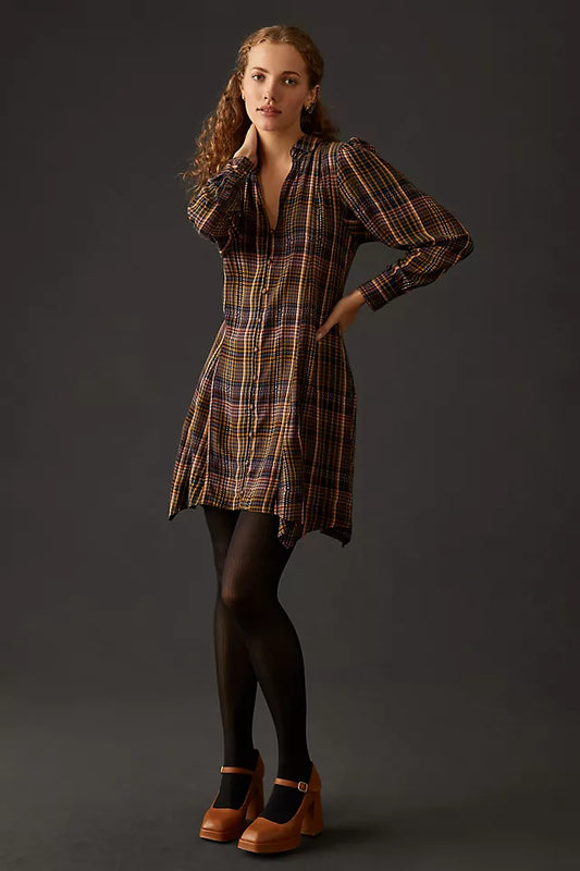 Anthropologie Plaid Button Front Dress - Large