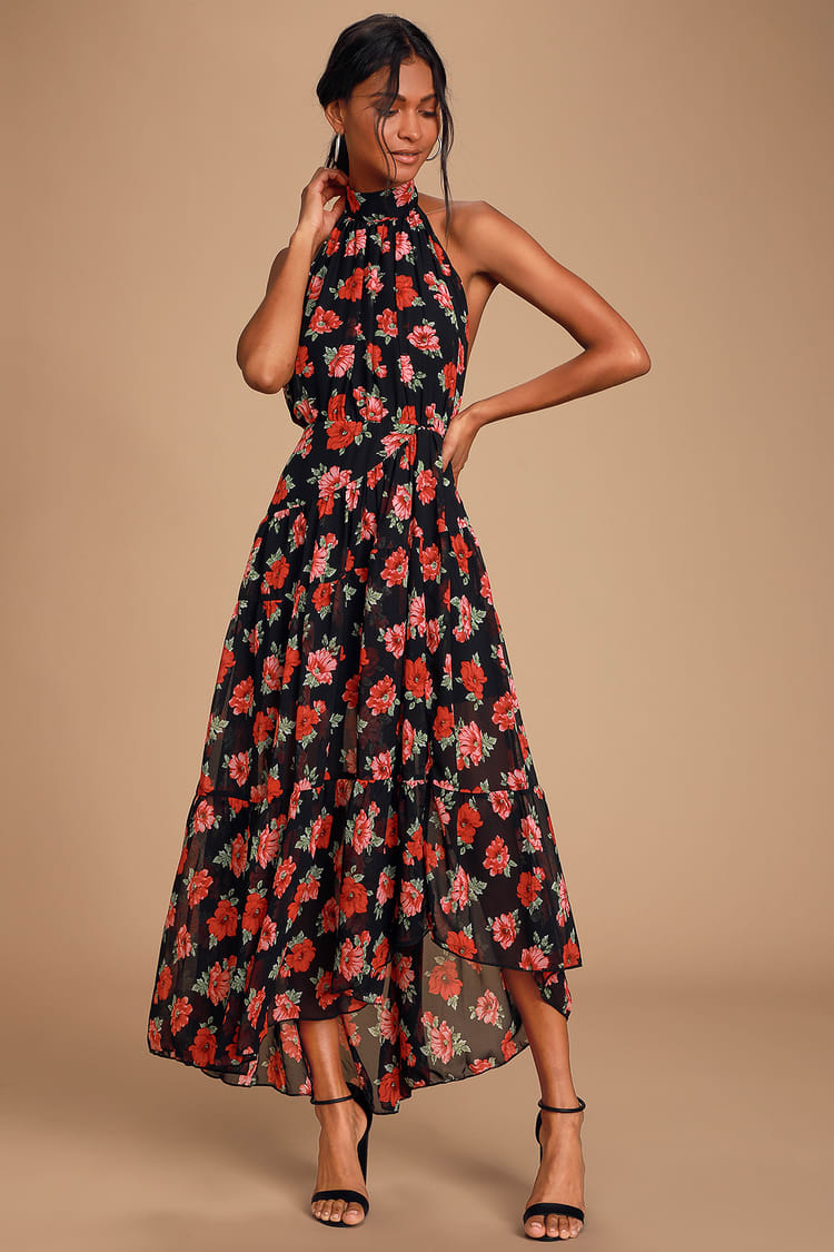 Lulus Black Floral Halter Midi Dress - Medium