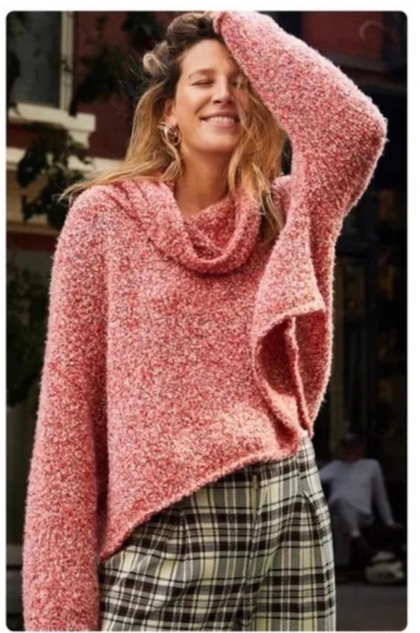 Free People BFF Pink Marled Turtleneck Sweater - Small