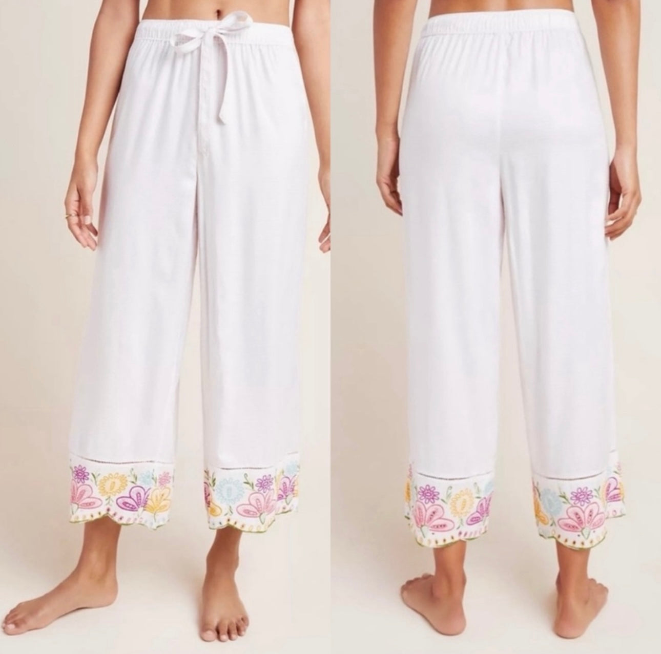 Anthropologie White Embroidered Lounge Pants - Medium