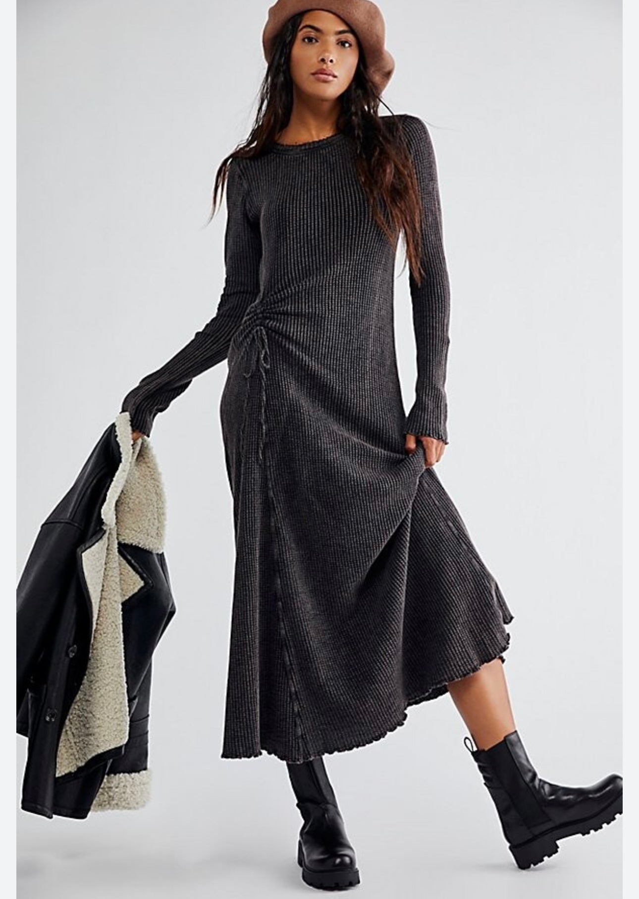 Free People One Natasha Thermal Gray Waffle Knit Maxi Dress - S/M