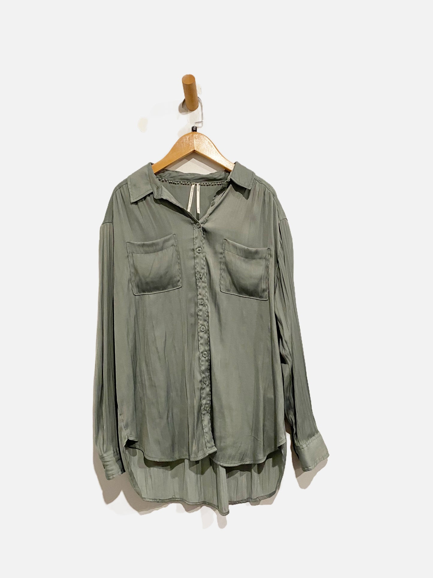 Anthropologie Green Satin Button Down - Small