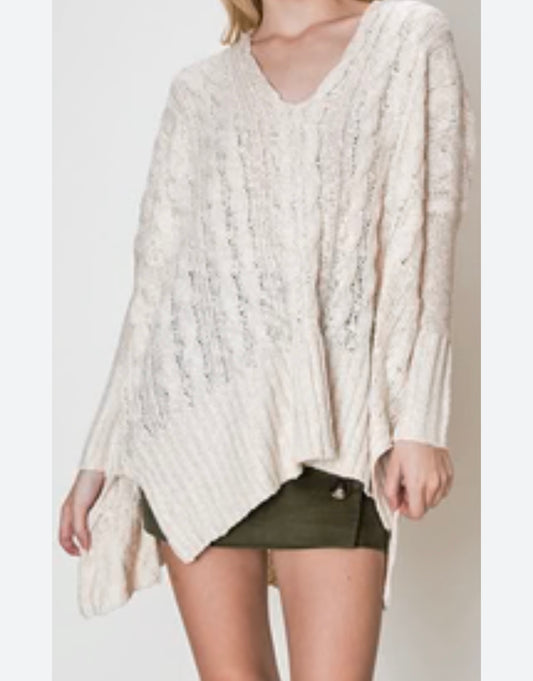 Free People Cream Easy Cableknit V-Neck Sweater - Small