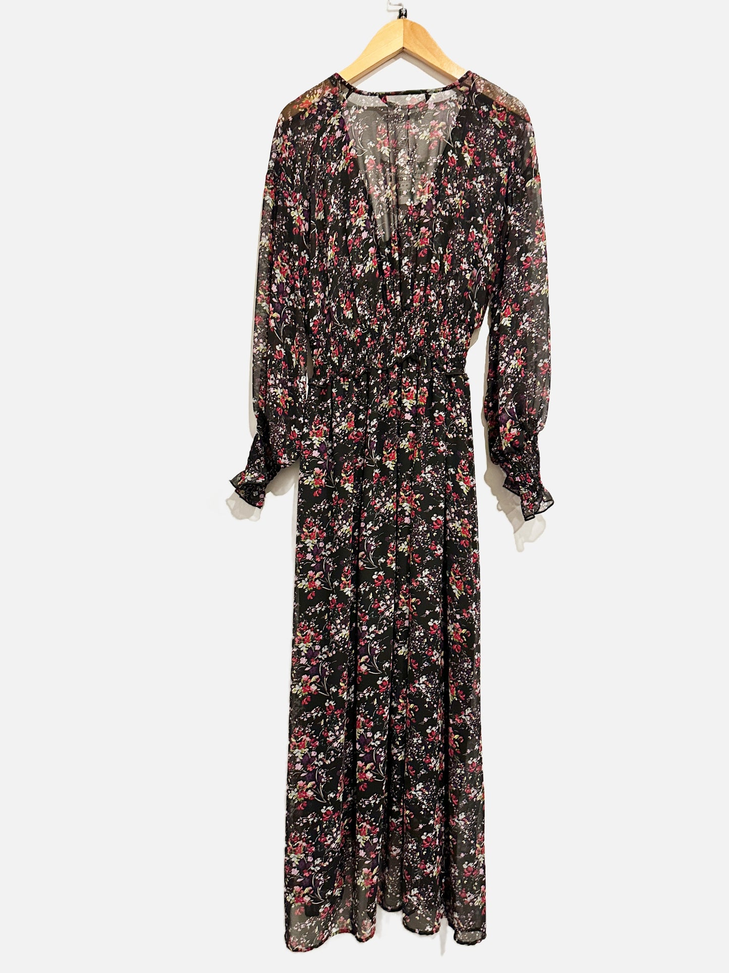 Zara Black Floral Smocked Midi Dress - XS