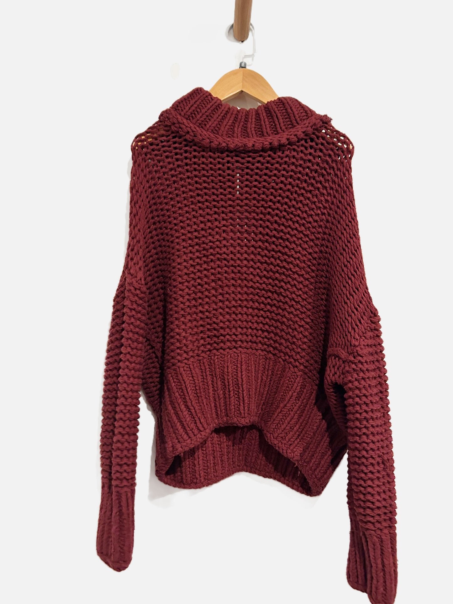 Free People Maroon Chunky Cable Knit Mock Neck Sweater - Small