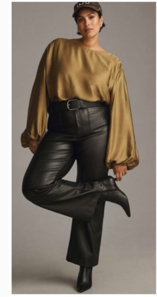 Anthropologie Green Satin LS Top - XS