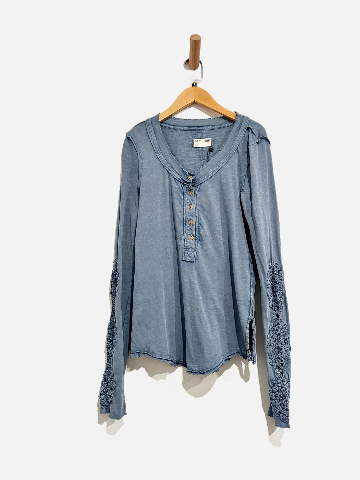 We The Free Our Song Blue Henley Crochet Sleeve Top - Small