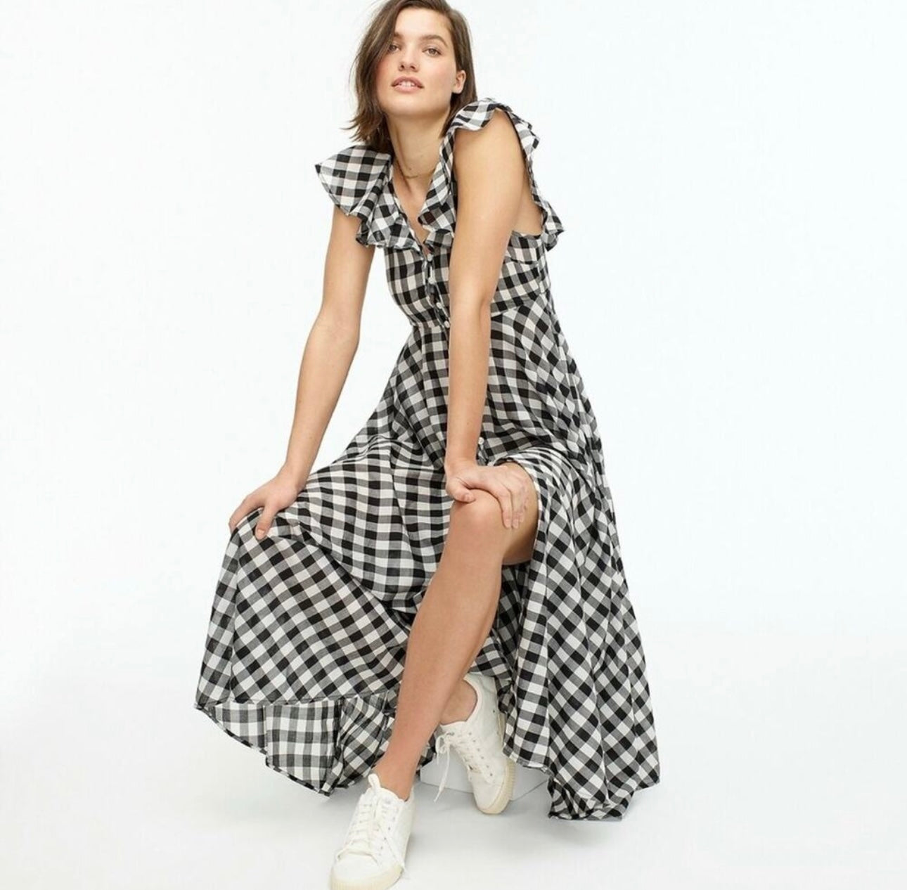 J.Crew Black and White Plaid Ruffle Midi Dress - XXS