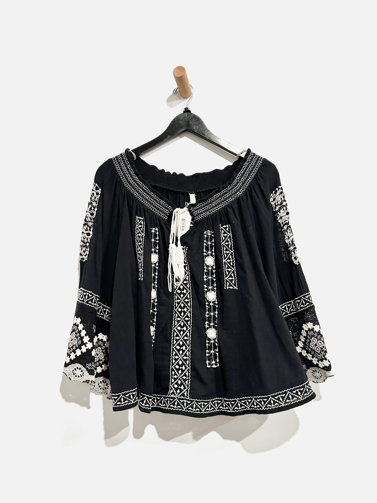 Free People Black Embroidered Blouse - Small