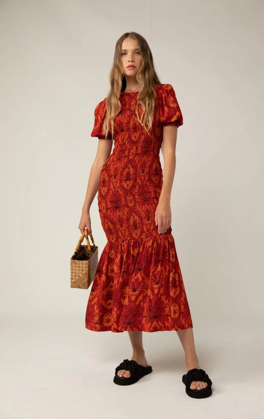Rue Stiic Red/Orange Smocked maxi Dress - Small