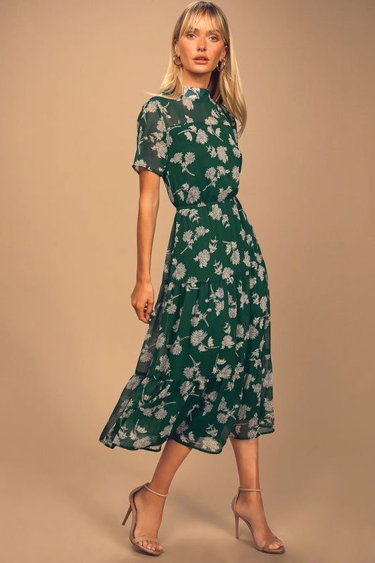 Lulus Green Floral Midi Dress - Small