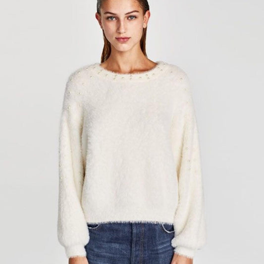 Zara Cream Eyelash w/ Pearls Sweater - Small