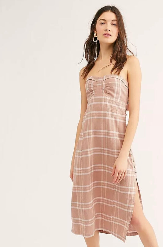 Free People Brown and White Plaid Sleeveless Midi Dress - Small