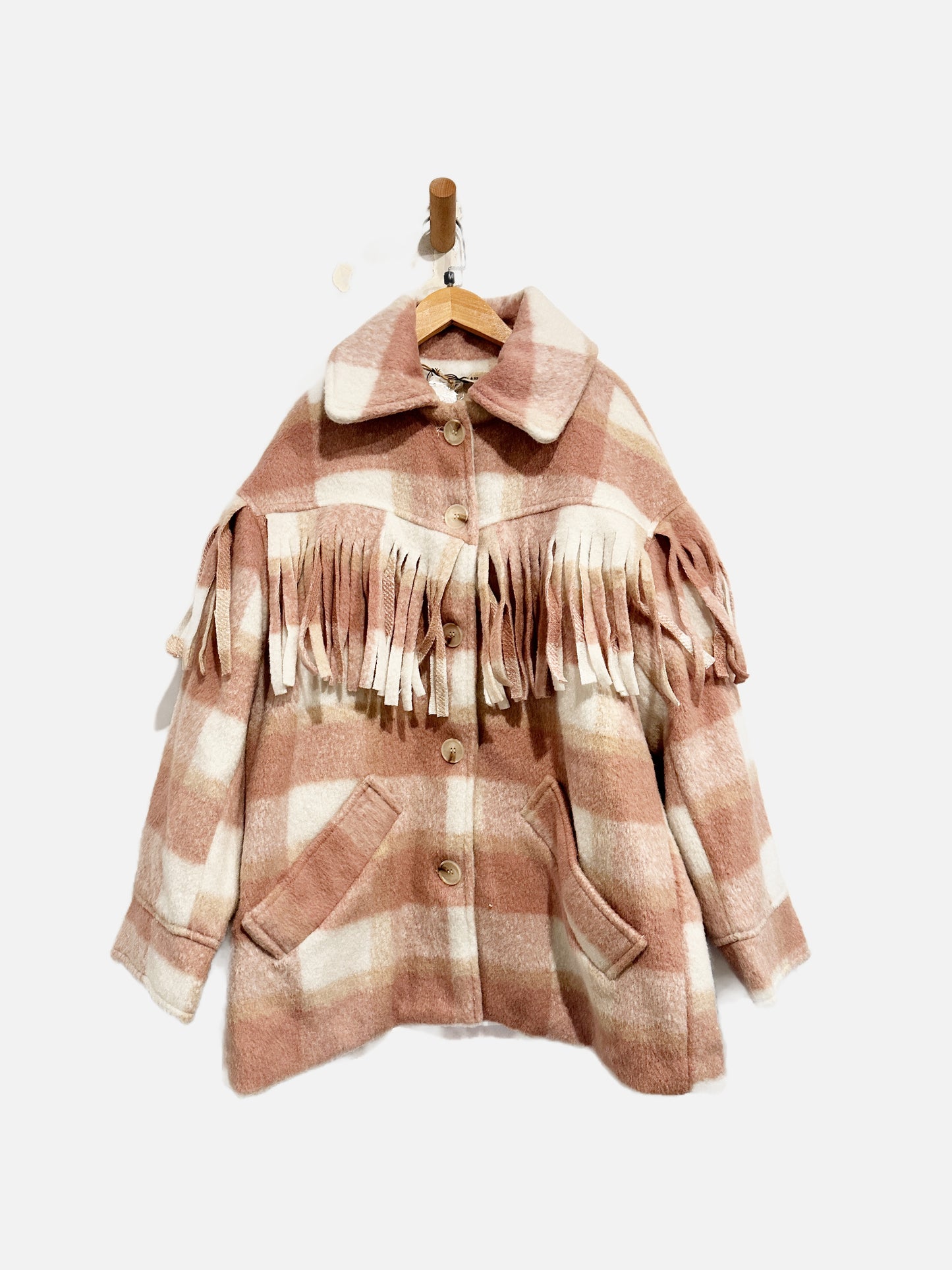 Saints & Hearts NWT Pink and White Flannel Fringe Jacket - M/L