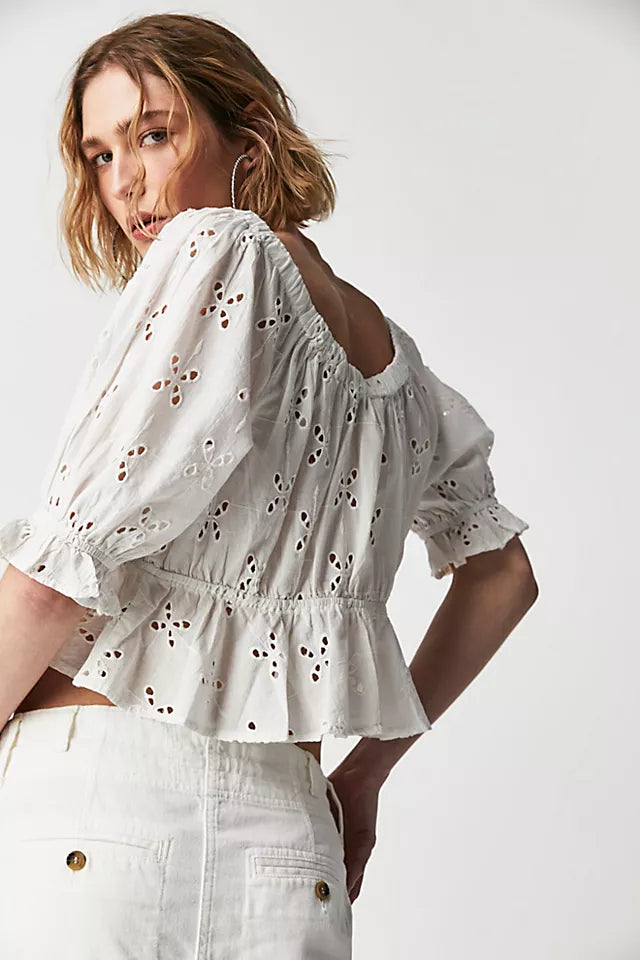 Free People White Eyelet Ruffle Crop Blouse - Large