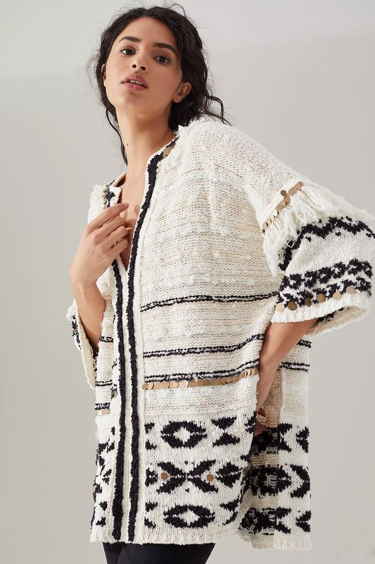 Anthropologie White and Black Pullover Fringe Sweater - XS/S