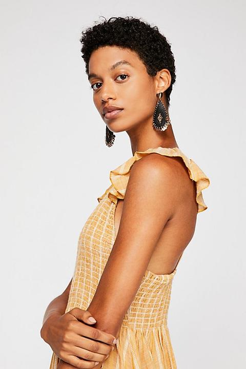 Free People Chambray Butterflies Yellow Striped Midi Dress - Medium