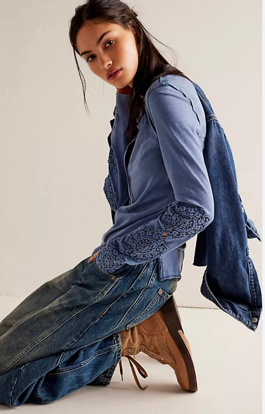 We The Free Our Song Blue Henley Crochet Sleeve Top - Small
