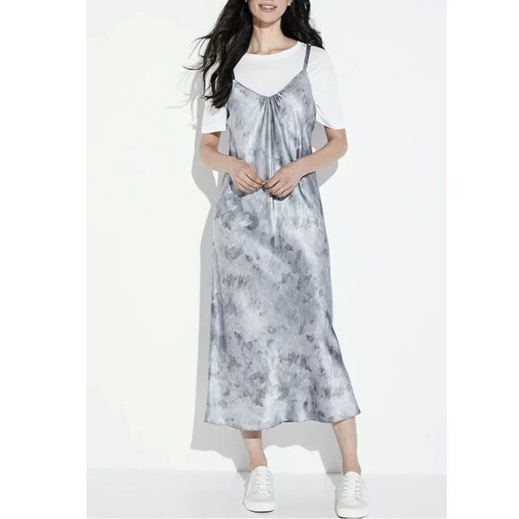 Vince Watercolor Marble Silk-Satin Cami Midi Dress Size Small