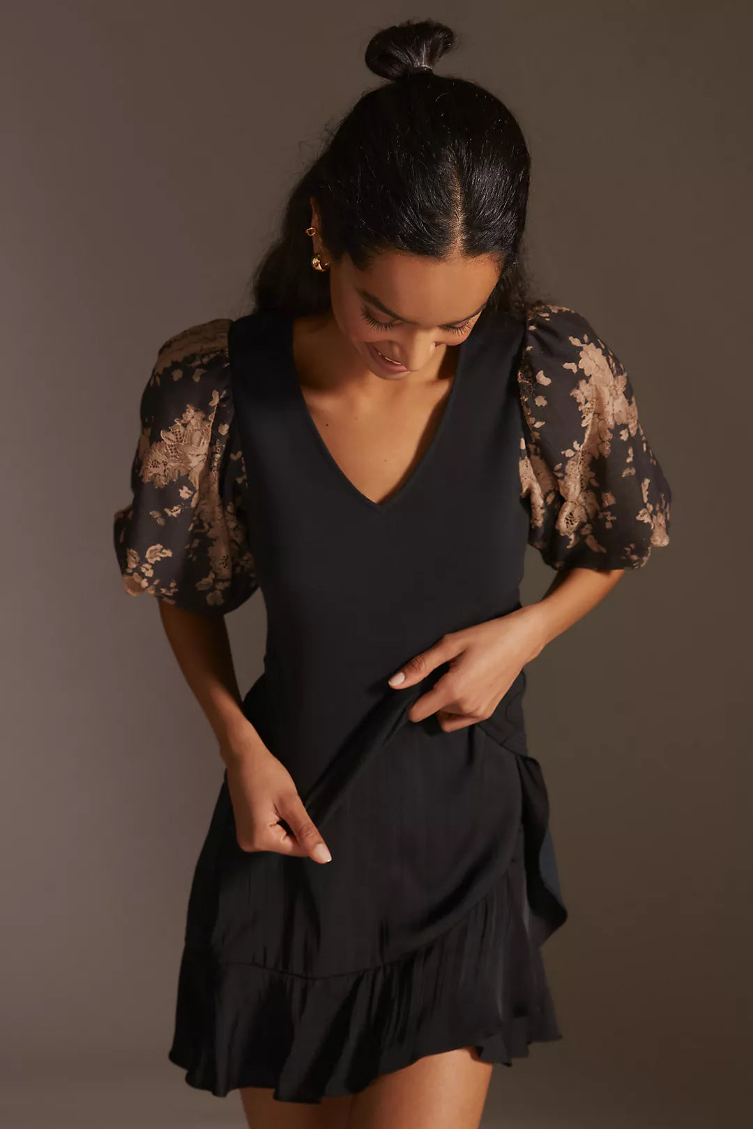 Dolan Black Puff Lace Sleeve Top - XS