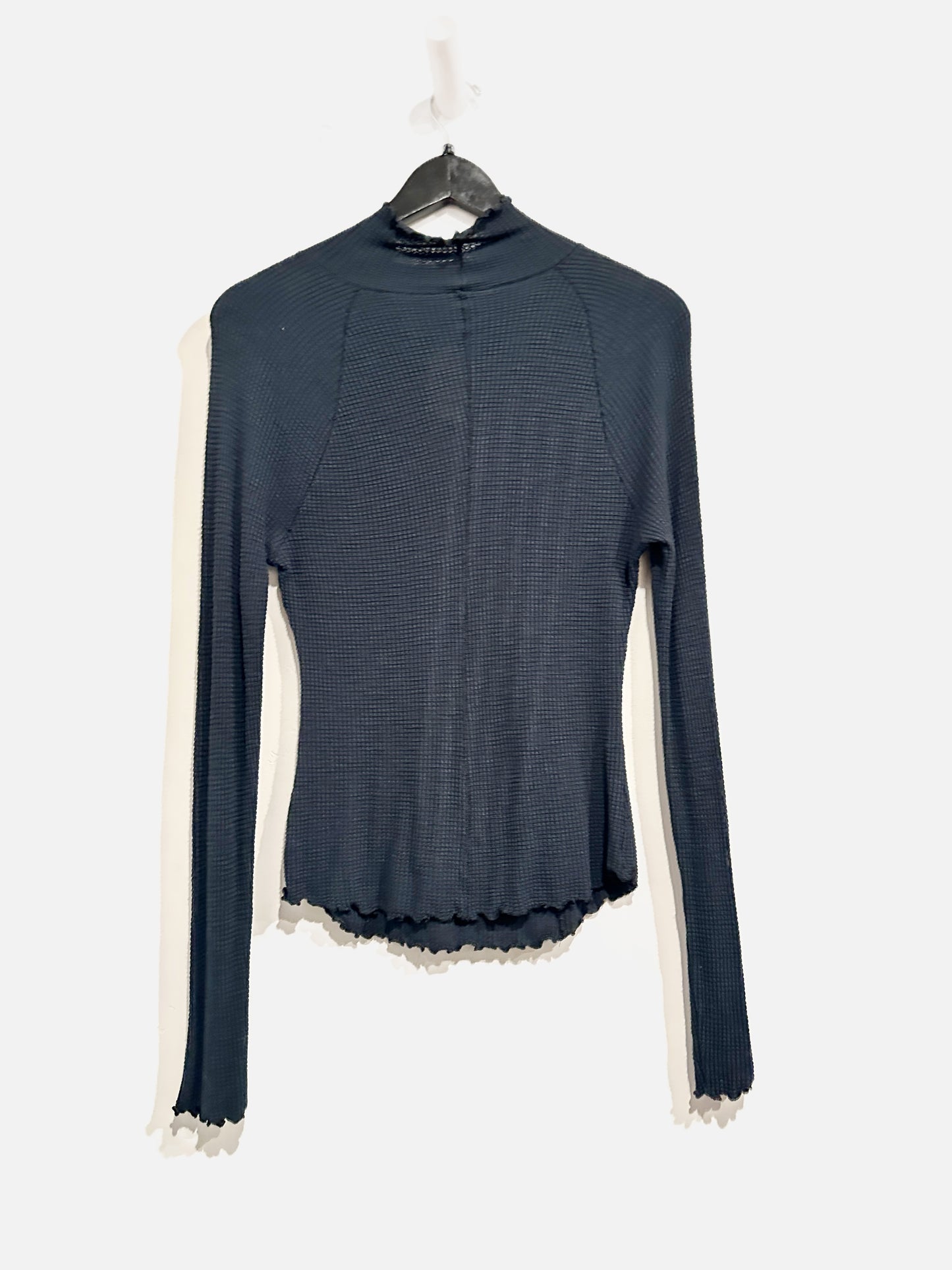 Free People Black Waffle Knit LS Mock Neck Top - Medium